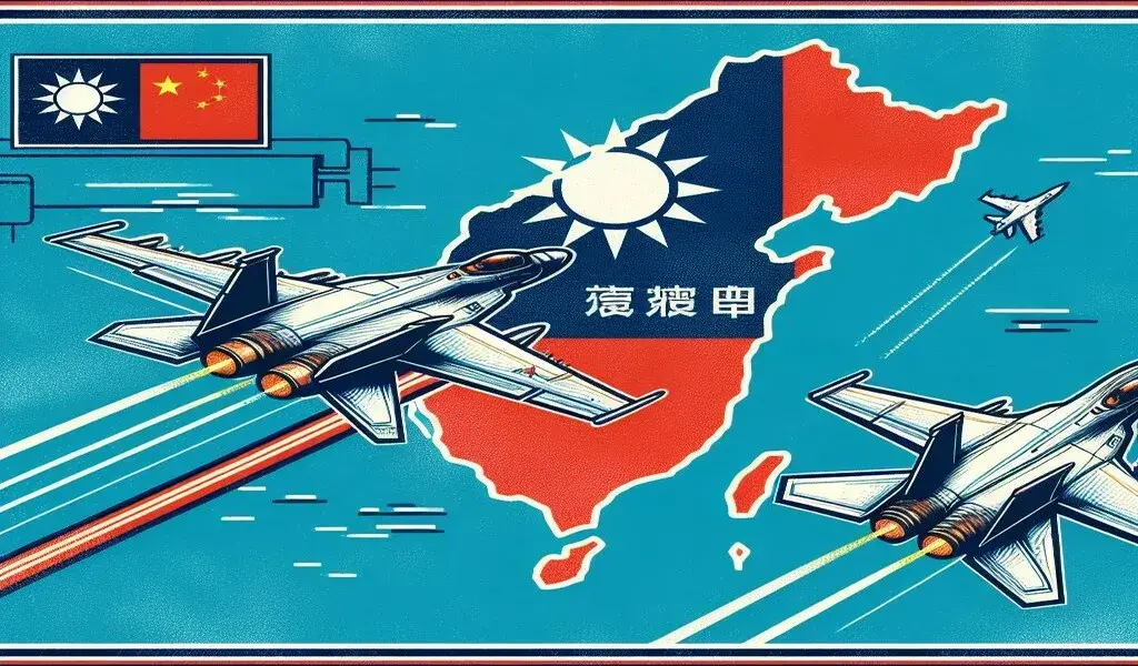 Taiwan Strait with planes going over Taiwan, and the flags of Taiwan and China.