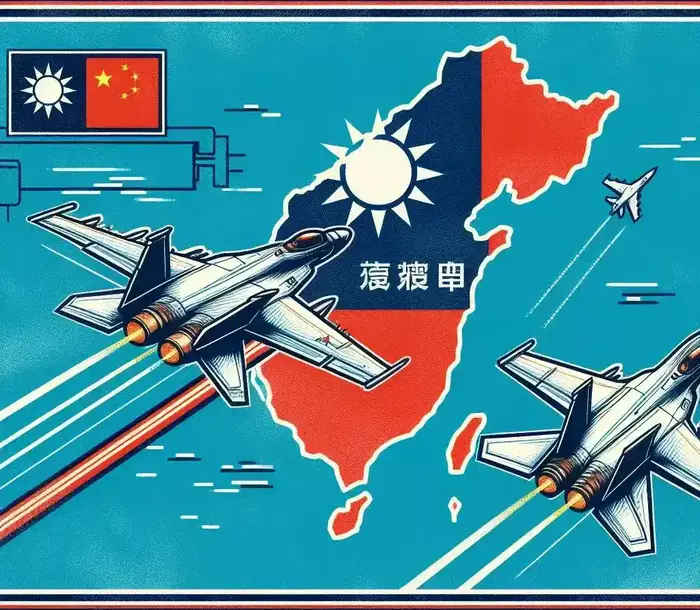 Taiwan Strait with planes going over Taiwan, and the flags of Taiwan and China.