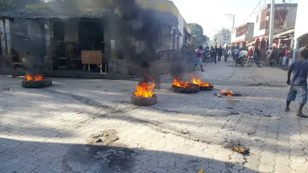 Tires with fire in the streets of Haiti.