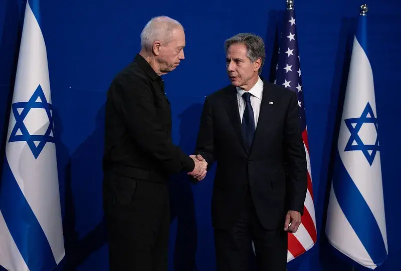 US Secretary of State Antony Blinken greets with Yoav Galland
