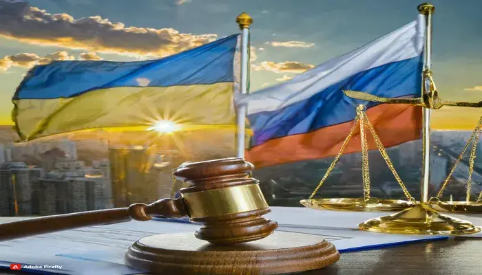 Ukraine and Russian flags, and a judge's gavel.