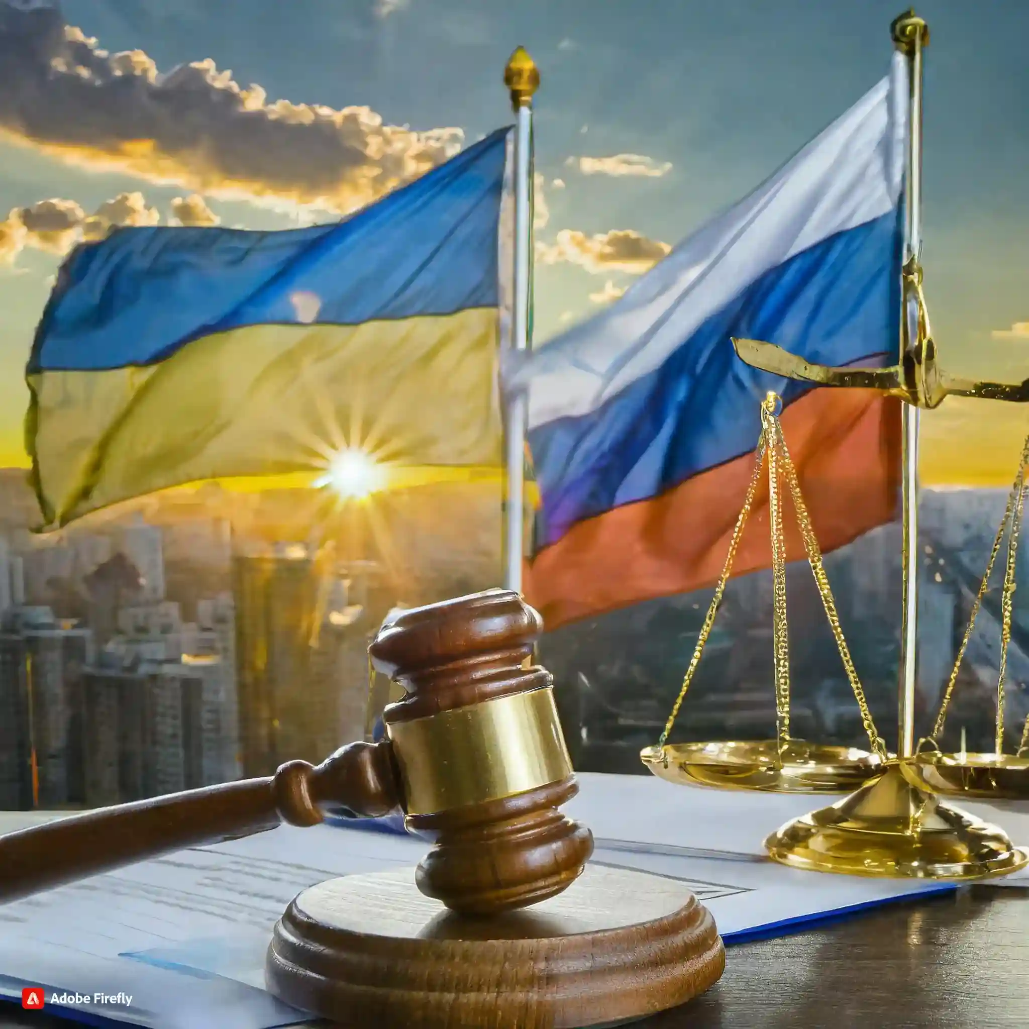 Ukraine and Russian flags, and a judge's gavel