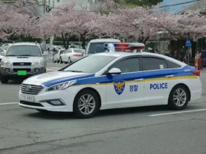 Korean police car. South Korean police searched a property of the man who stabbed Lee