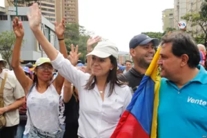 Opposition leader Maria Corina Machado, heading a protest against the government.