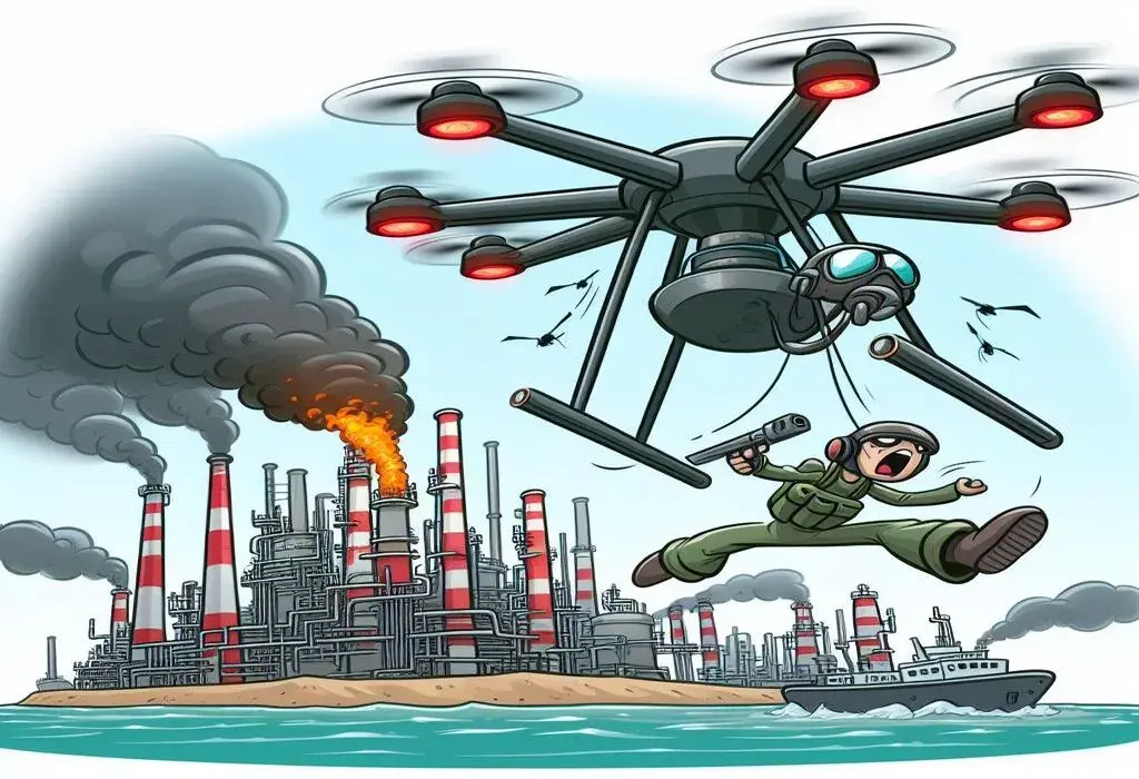 Cartoon of a drone attacking a refinery