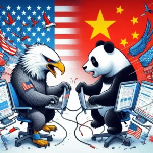 US hawk and Chinese panda fighting with cyberattacks