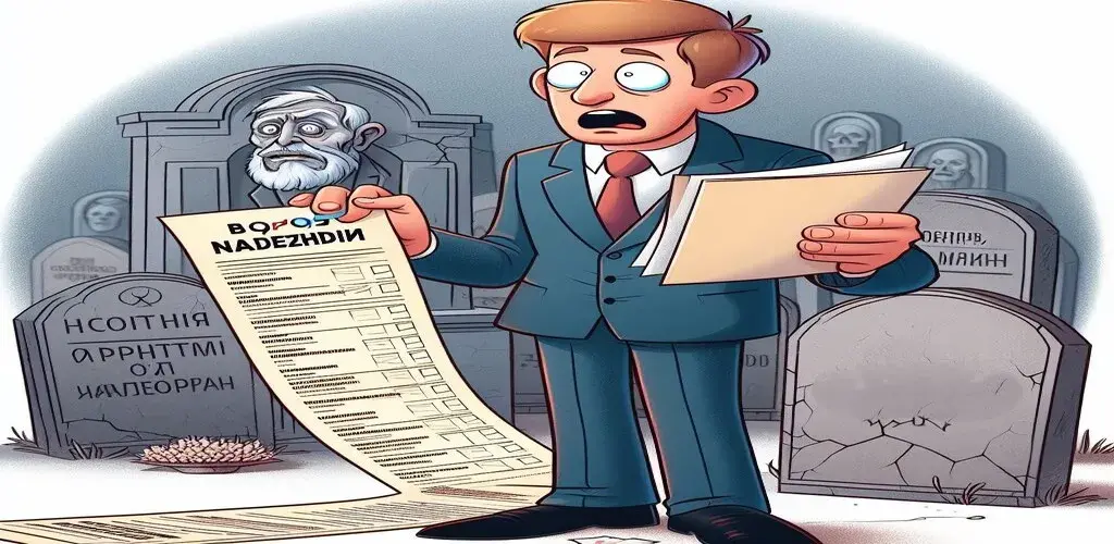Cartoon image depicting an election official holding a document labeled "Boris Nadezhdin" while pointing at a list of signatures. In the background, there are tombstones with names written on them, symbolizing the signatures belonging to deceased individuals.