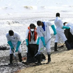 Oil spill cleanup efforts underway on the island of Tobago.
