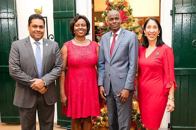 From left to right: Laurent Saint-Cyr, President of the American Chamber of Commerce in Haiti; former First Lady of Haiti Martine Moïse; late President of Haiti Jovenel Moïse, and United States Ambassador to Haiti Michele Sison.