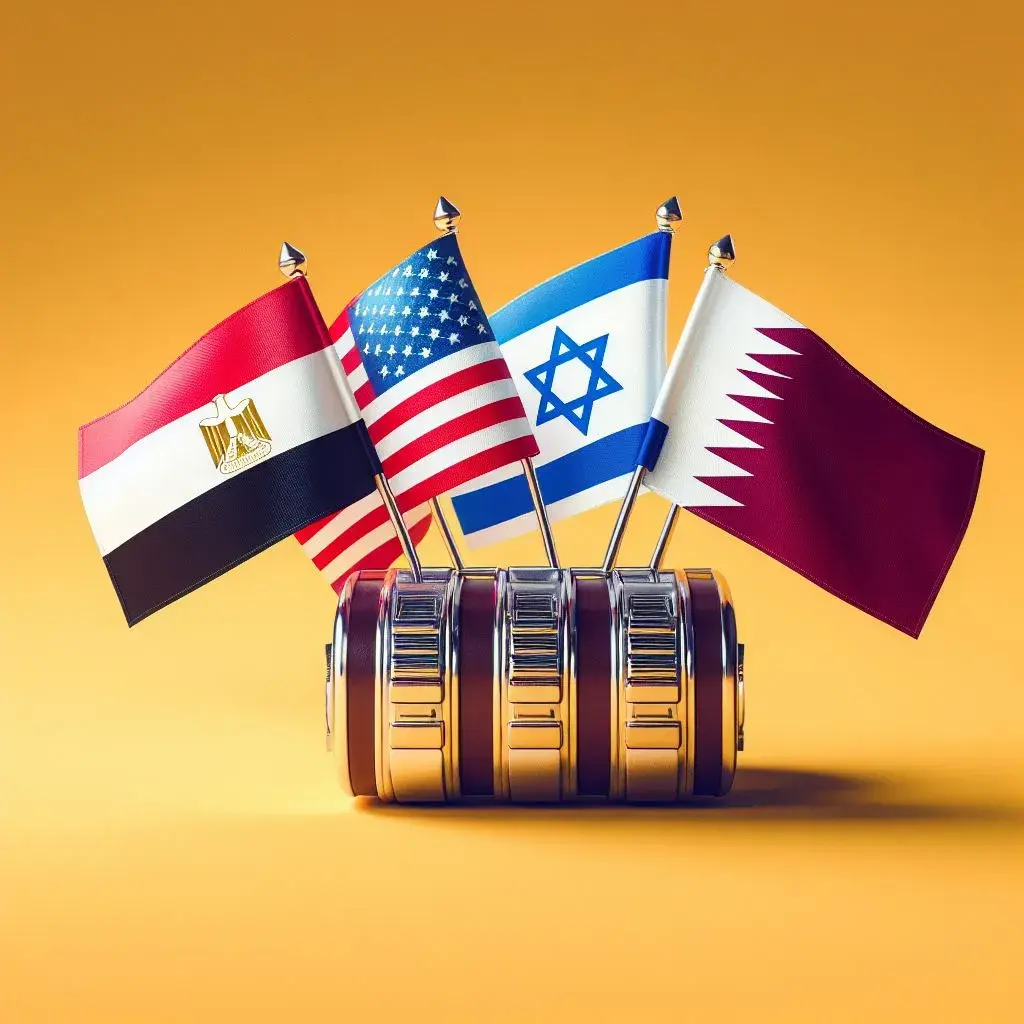 Flags of Egypt, US, Israel and Qatar.