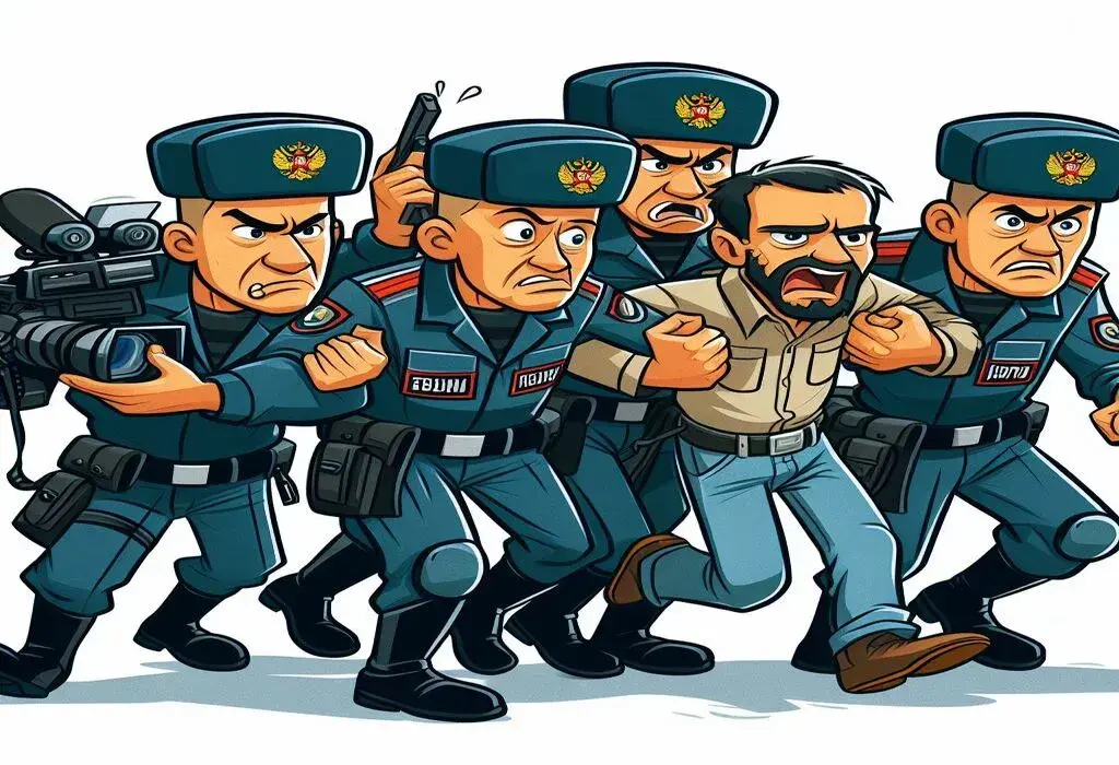 Cartoon image of journalist being arrested by Russian police
