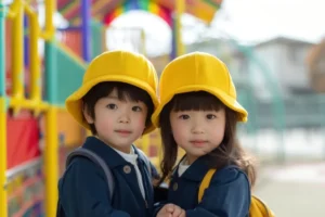 Japanese children with yellow hats.