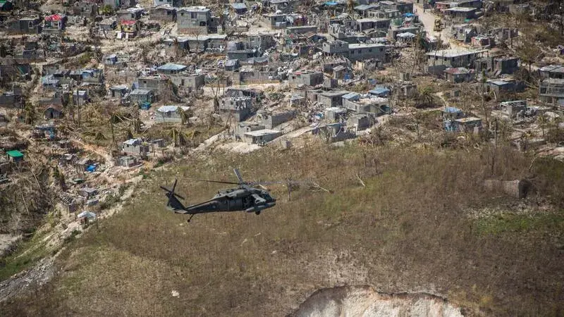Helicopter flying over Haiti.