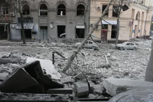 Destruction in Kharkiv due to a Russian bombardment.