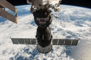 Soyuz spacecraft is seen docked to the International Space Station, in an older mission.
