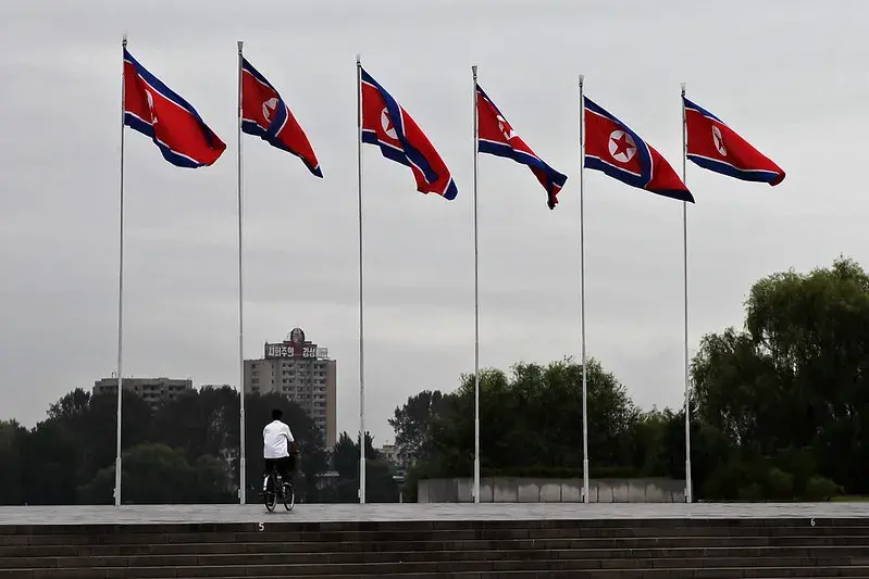 North Korean flags.